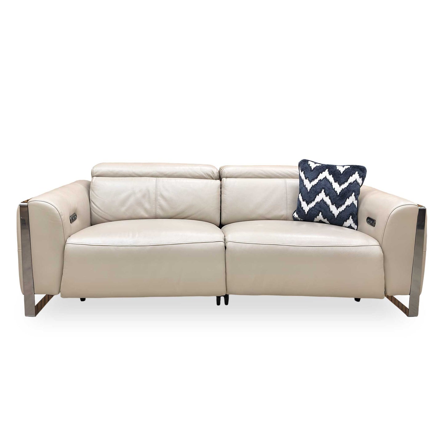 Front angle view emphasizing the plush cushioning and independent power headrest support on the Gisella 3-seater.