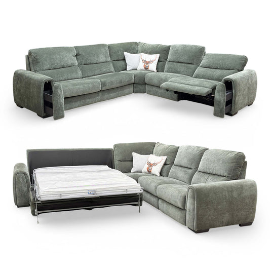 Full view of the ‘Flex’ Forest Green fabric large corner sofa bed with wide rounded arms.