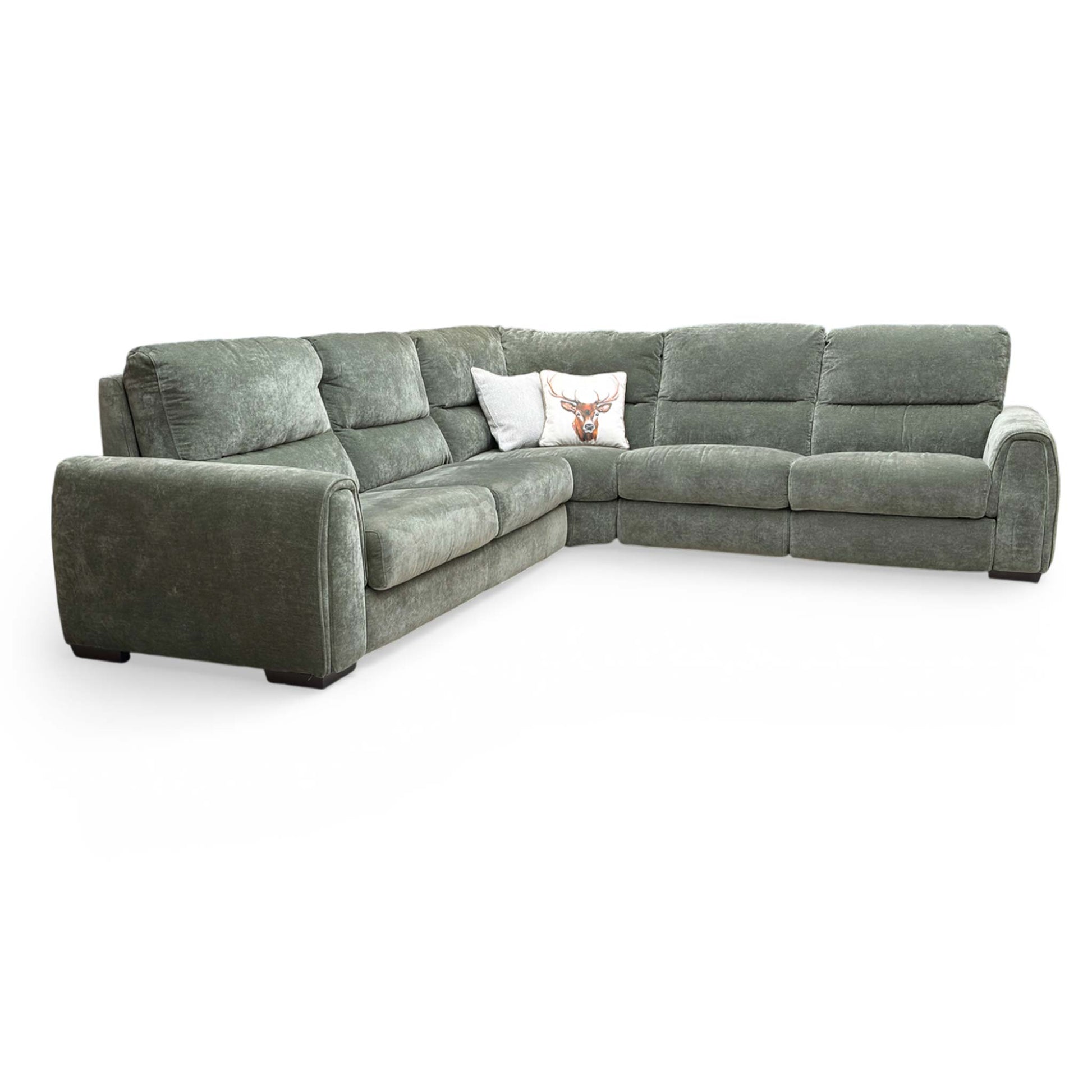 Side view of the ‘Flex’ Forest Green fabric large corner sofa bed with wide rounded arms.