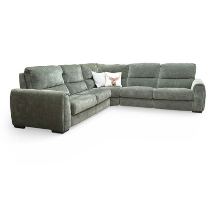 Side view of the ‘Flex’ Forest Green fabric large corner sofa bed with wide rounded arms.