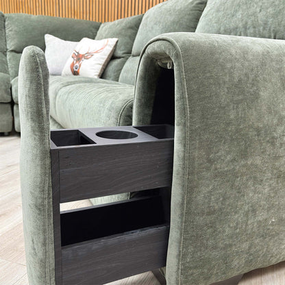 Close-up of the storage arm functionality featuring the hidden drawer and beverage holder.