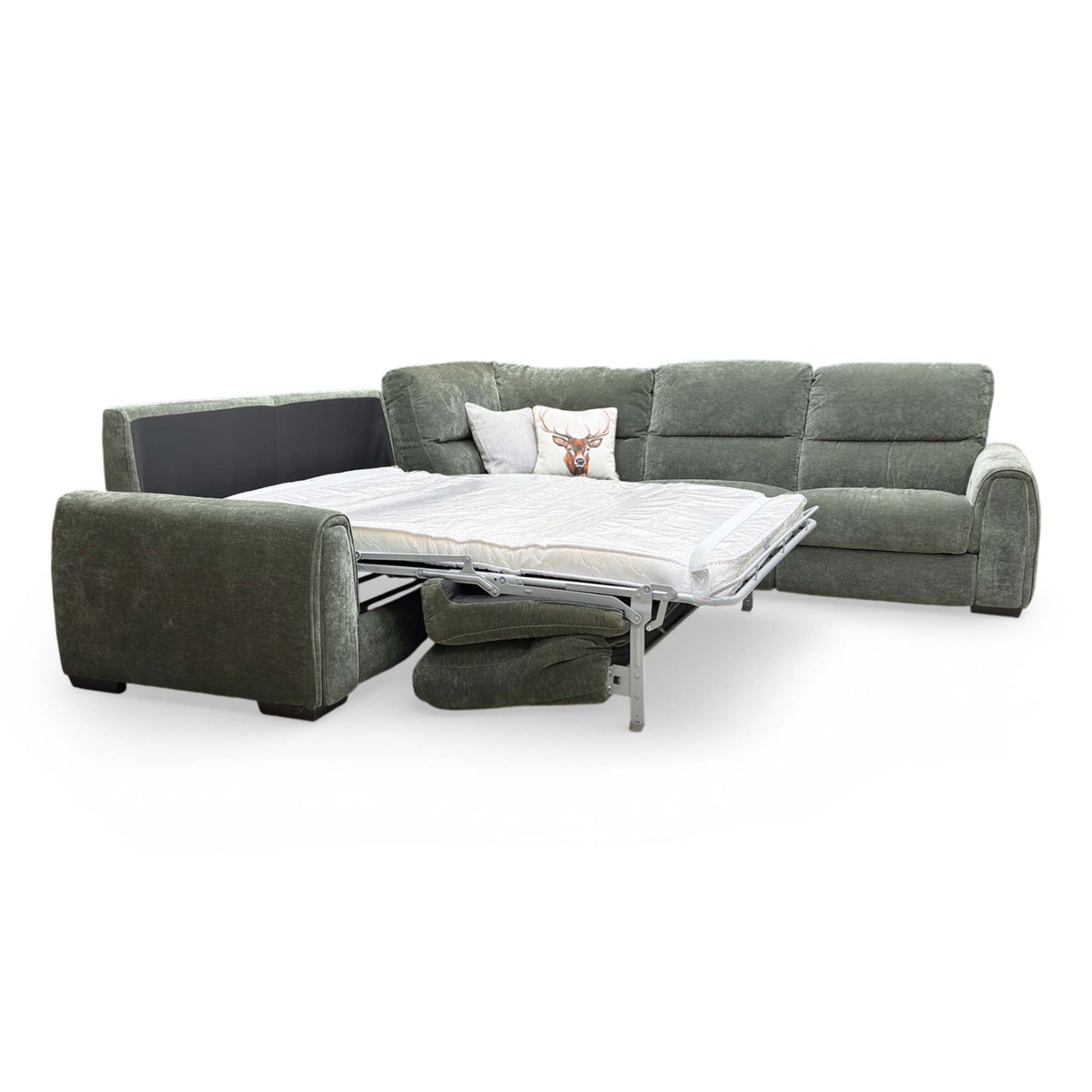 View of the sofa converted into a large double bed with a high-quality foam mattress.