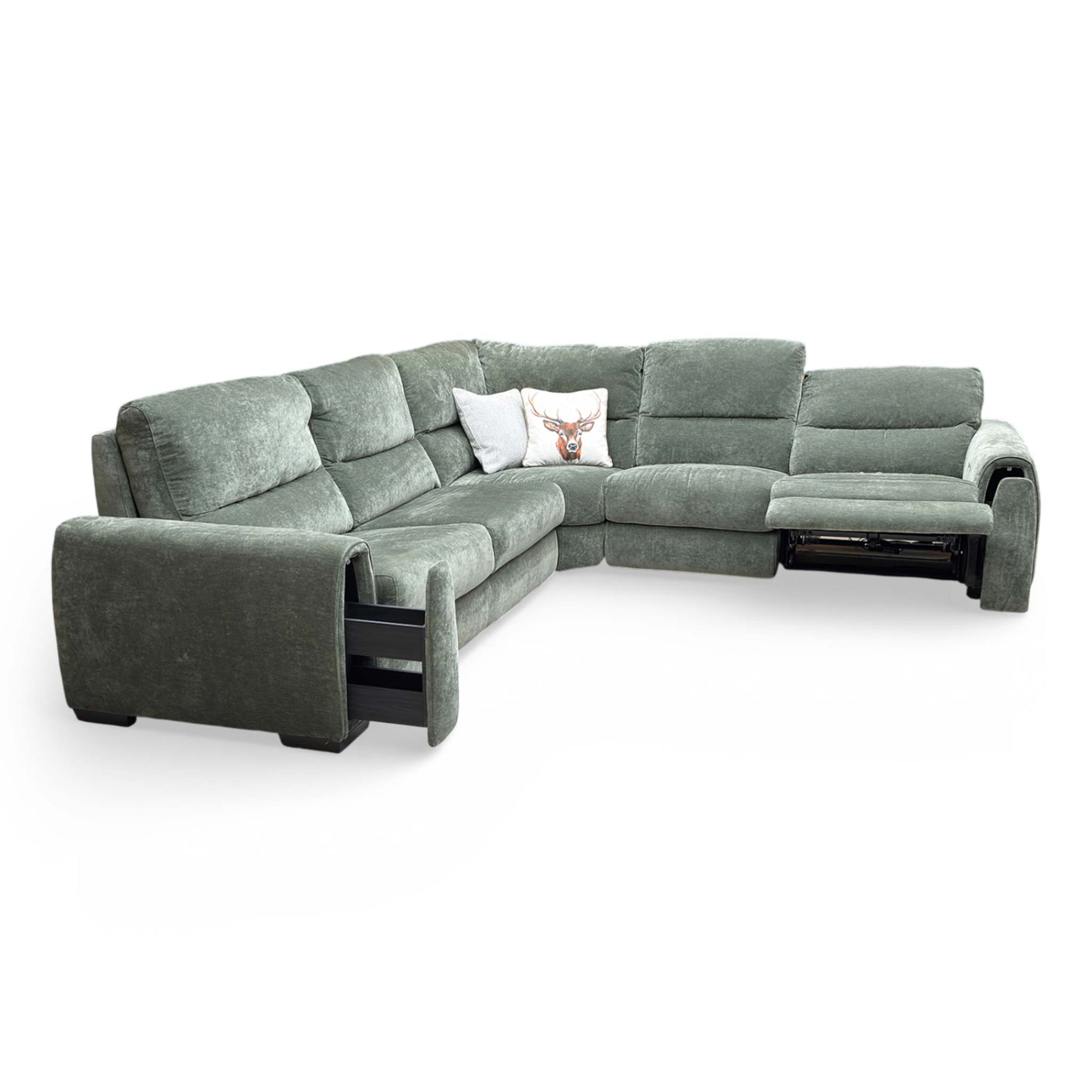 Side view of the ‘Flex’ sofa with the power recliner fully extended for maximum comfort.