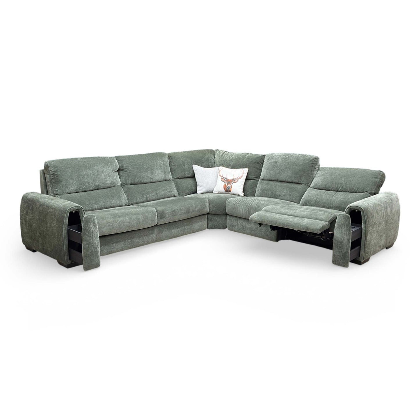 Front view of the ‘Flex’ sofa with the power recliner fully extended for maximum comfort.