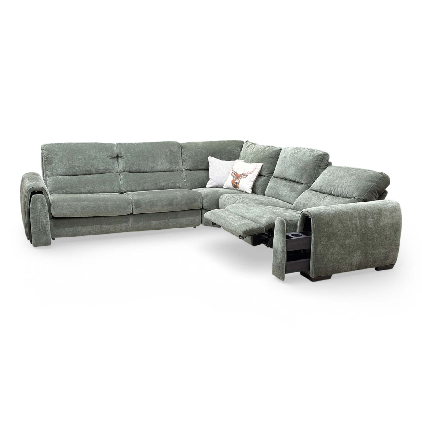 Side view of the ‘Flex’ sofa with the power recliner fully extended for maximum comfort.