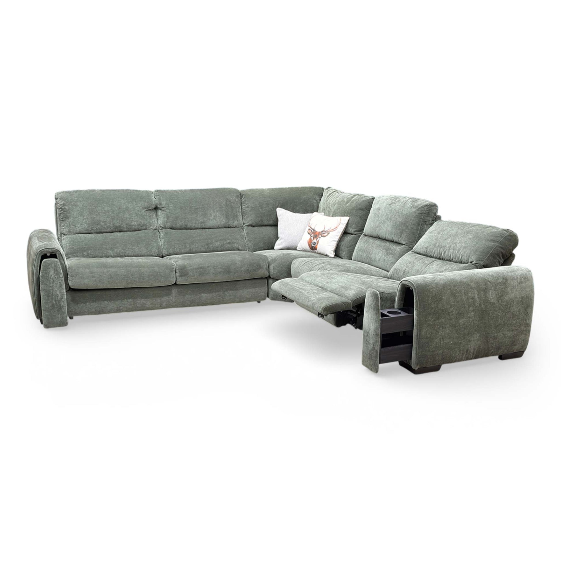 Side view of the ‘Flex’ sofa with the power recliner fully extended for maximum comfort.