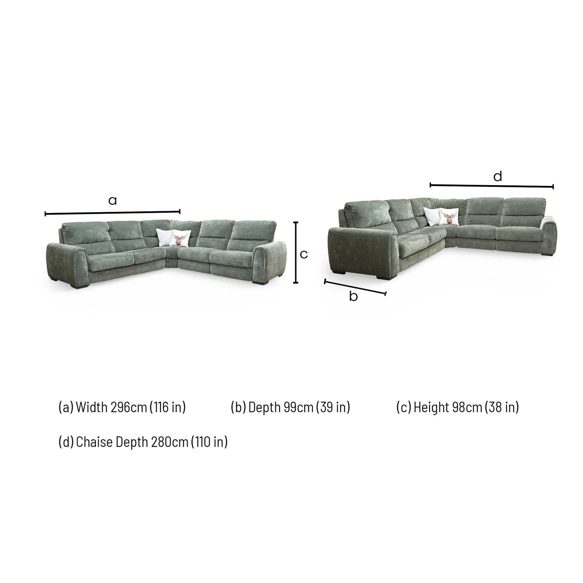Dimensions for the ‘Flex’ Forest Green Fabric Large Corner Sofa Bed.