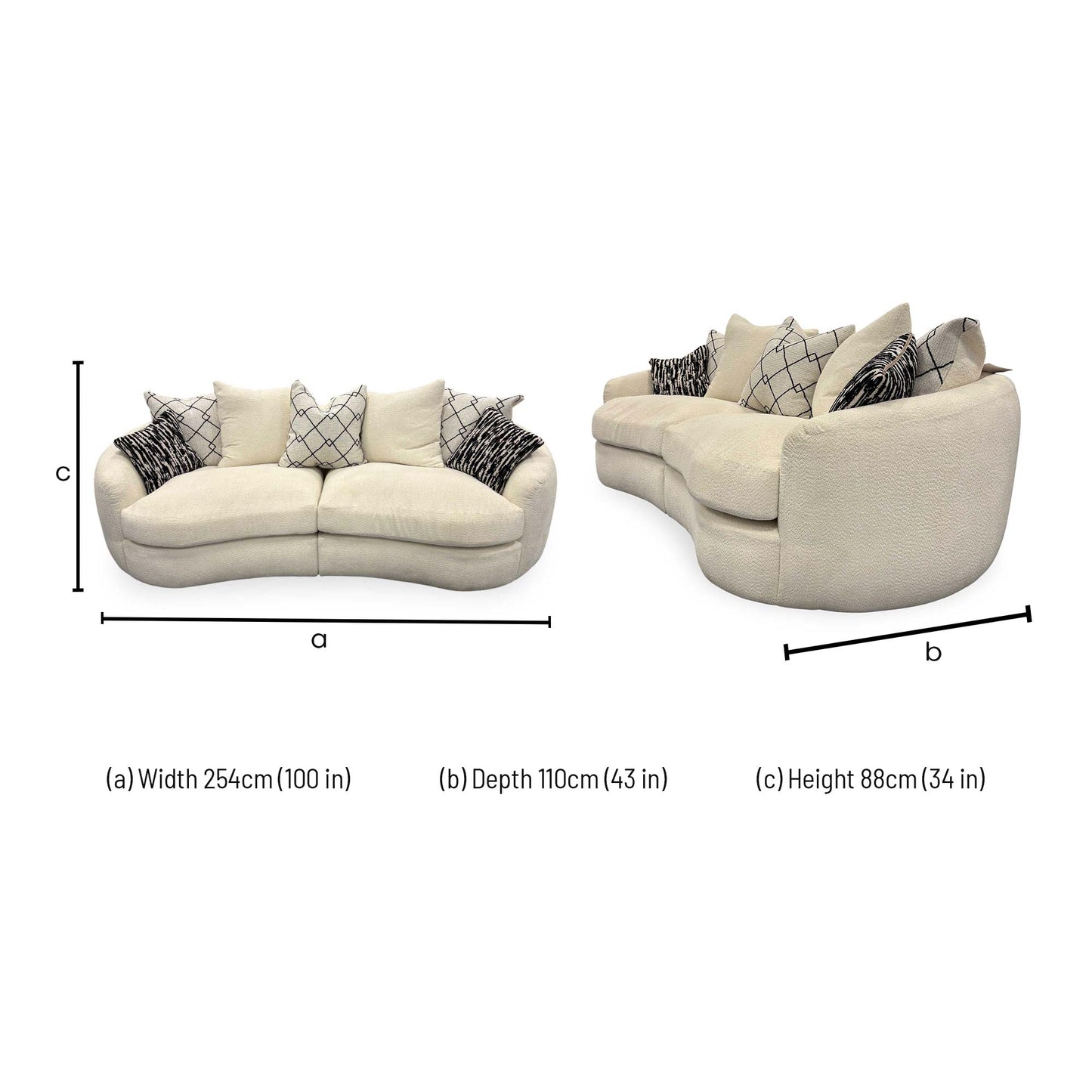 Dimensions for the Fabb ‘Bow’ Ecru Ivory Boucle 4 Seater Sofa.