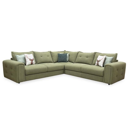 Front view of the Furniture Village ‘Goliath’ Oxford 94019 moss green fabric corner sofa.