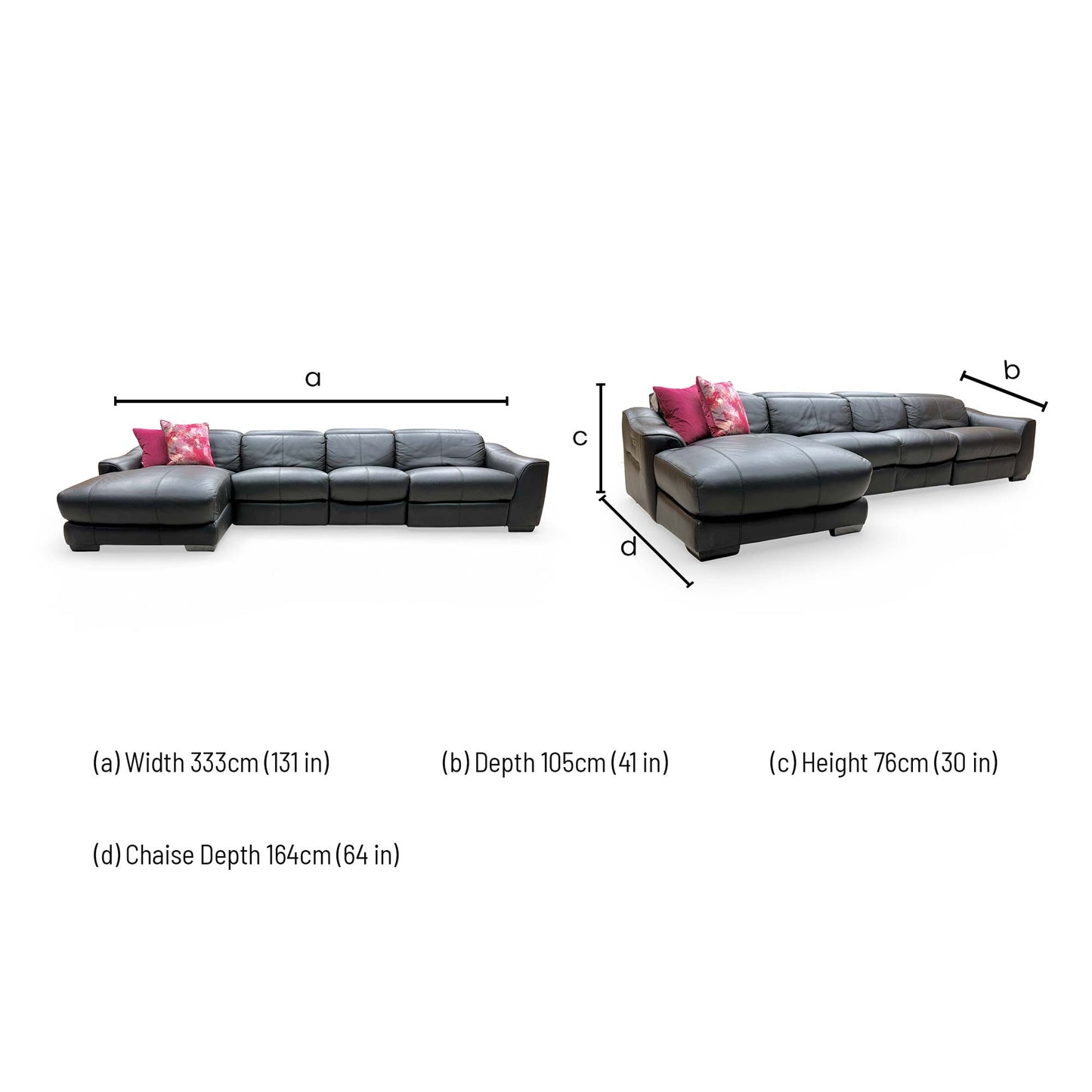 Dimensions for the World of Leather ‘Xavier’ Black Leather Left Hand Facing Double Power Recliner Chaise Sofa.