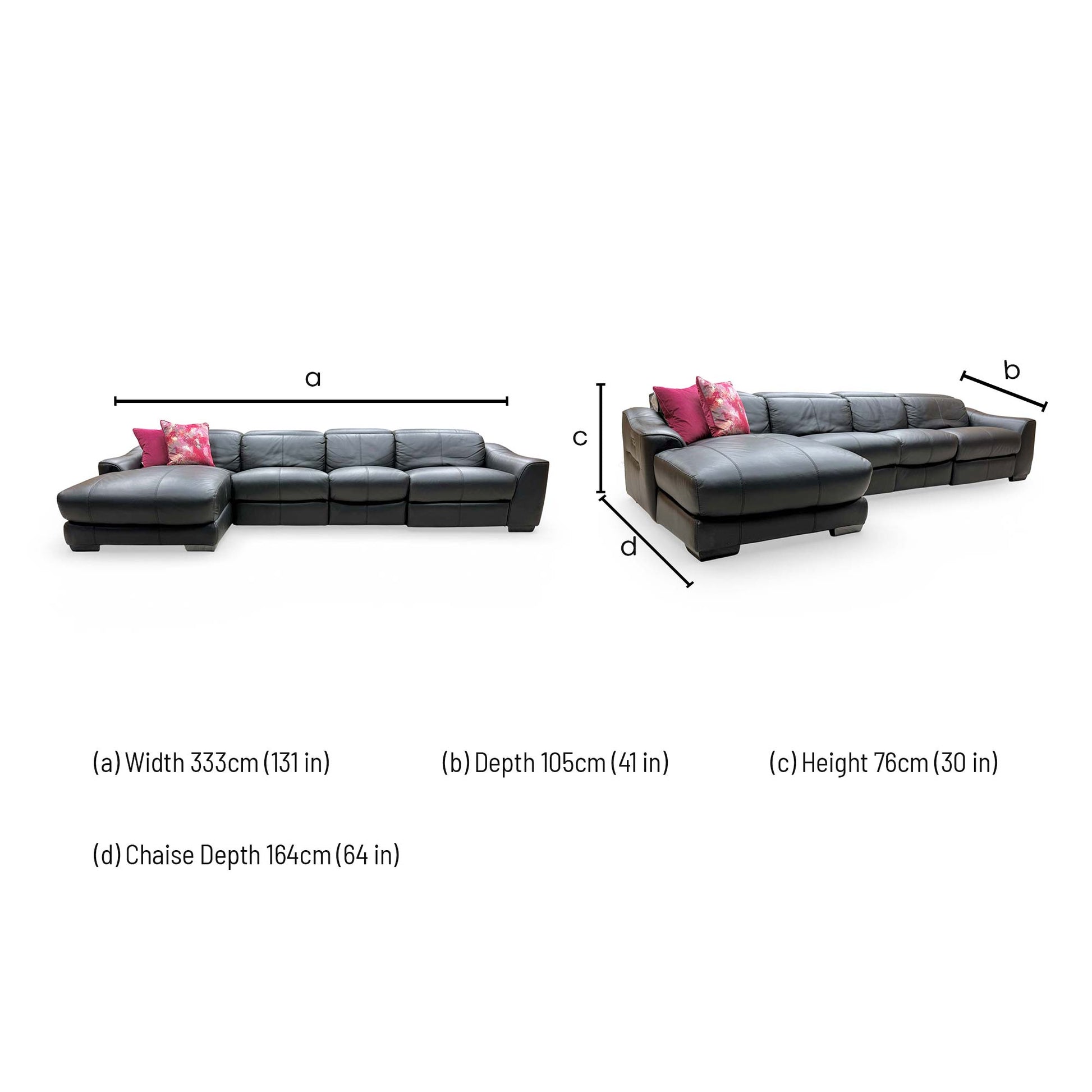 Dimensions for the World of Leather ‘Xavier’ Black Leather Left Hand Facing Double Power Recliner Chaise Sofa.