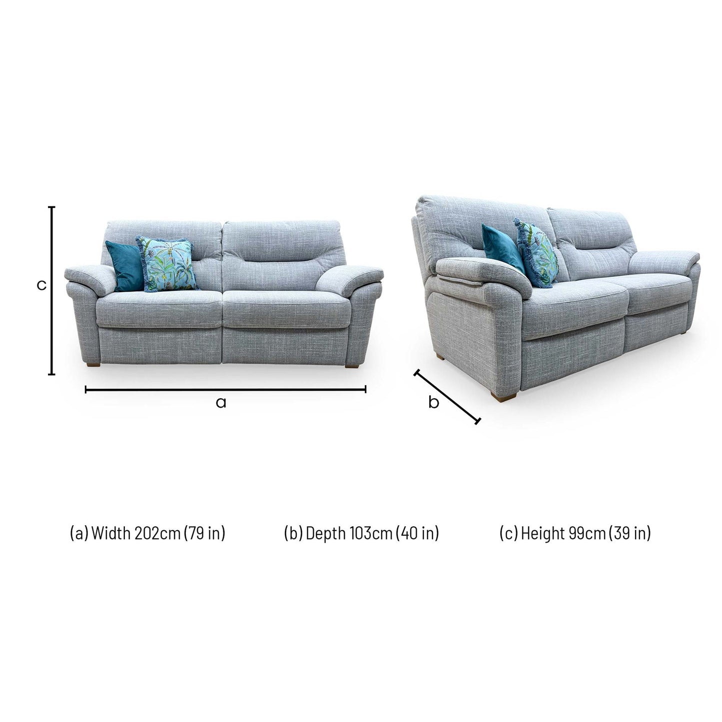 Dimensions for the G Plan ‘Seattle’ B932 Beach Duck Egg Fabric 3 Seater Sofa.