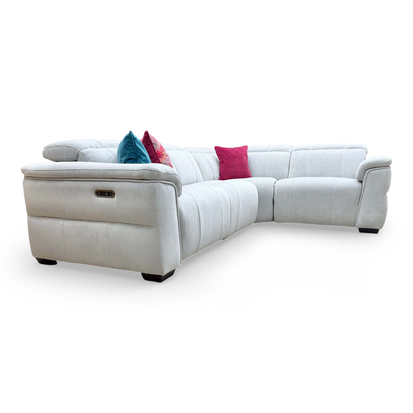 View of the sofa from the side, showing the clean silhouette and uniform stone fabric coverage.