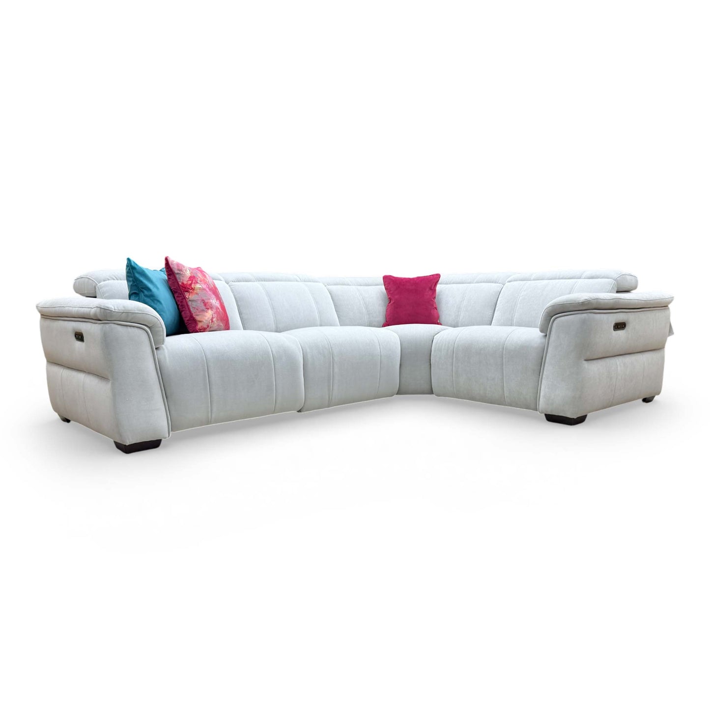 Front view of the ‘Inca’ Manhattan Stone linen fabric double power recliner corner sofa.