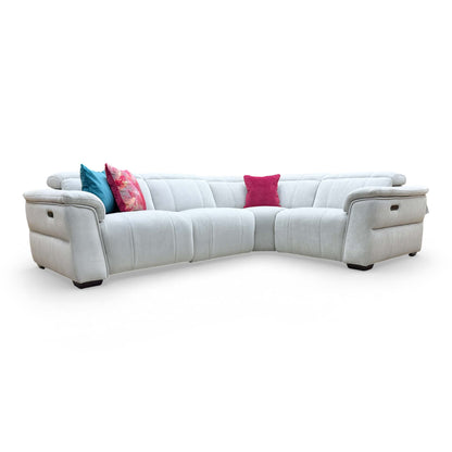 Front view of the ‘Inca’ Manhattan Stone linen fabric double power recliner corner sofa.