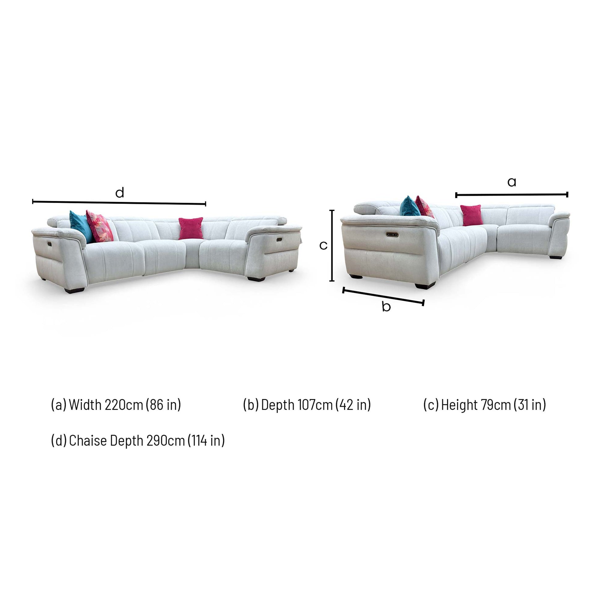 Dimensions for the ‘Inca’ Manhattan Stone 58004 Linen Fabric Double Power Recliner Corner Sofa.