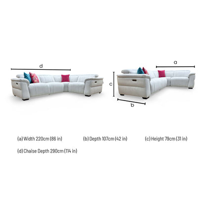 Dimensions for the ‘Inca’ Manhattan Stone 58004 Linen Fabric Double Power Recliner Corner Sofa.