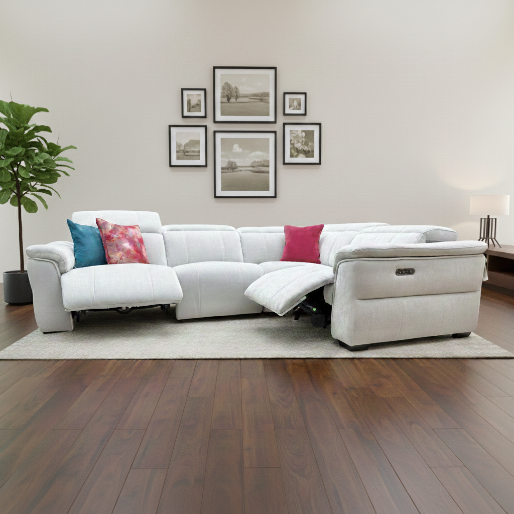 Living Room view of the stone linen fabric corner sofa, highlighting its spacious L-shaped design.