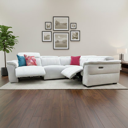 Living Room view of the stone linen fabric corner sofa, highlighting its spacious L-shaped design.