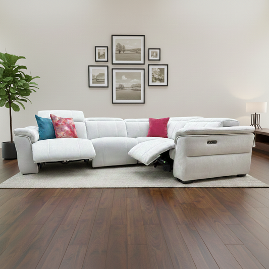Living Room view of the stone linen fabric corner sofa, highlighting its spacious L-shaped design.