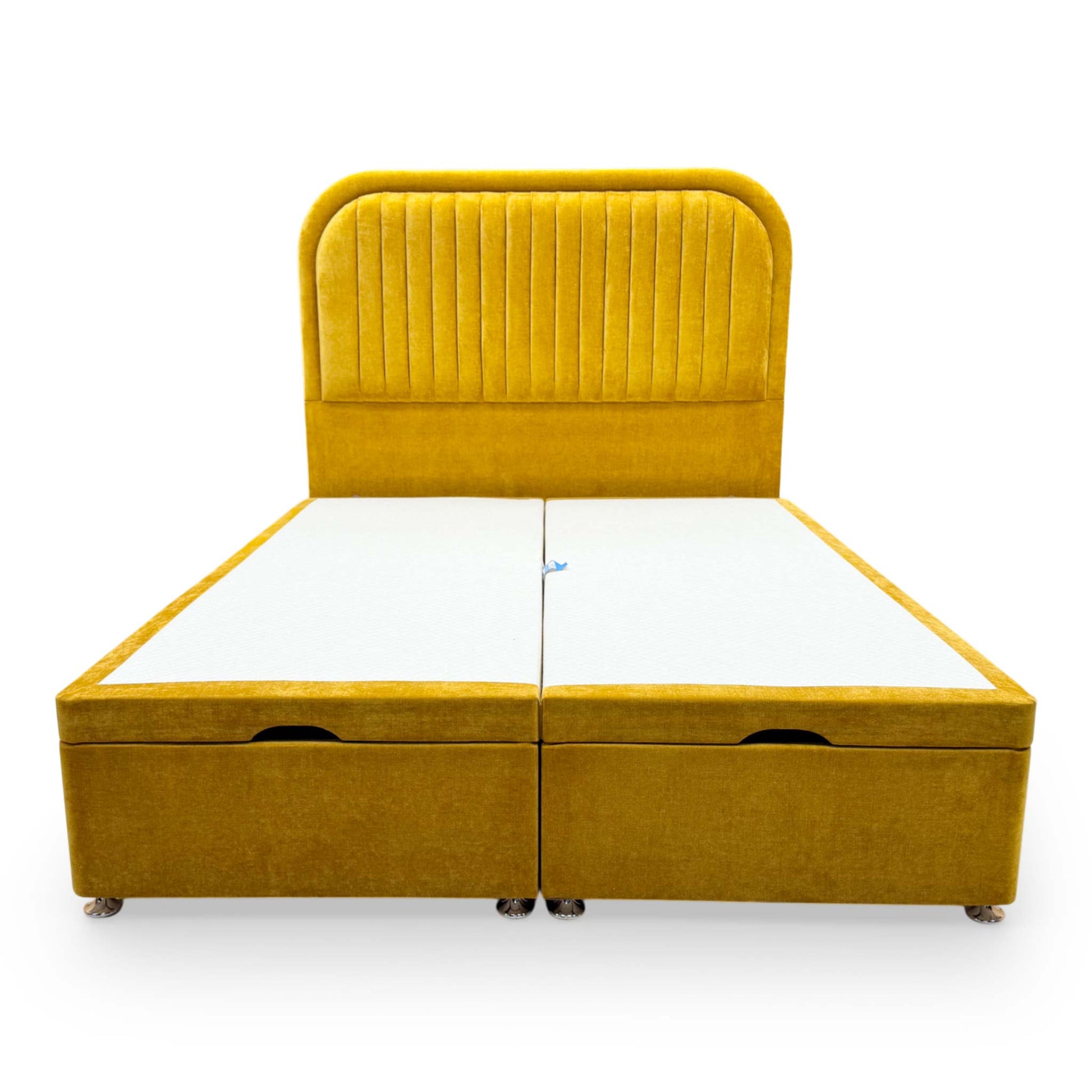 Front view of the Highgrove ‘Portland’ King Bed featuring a tall, floor-standing Aston Saffron yellow fabric headboard and a matching ottoman divan base.