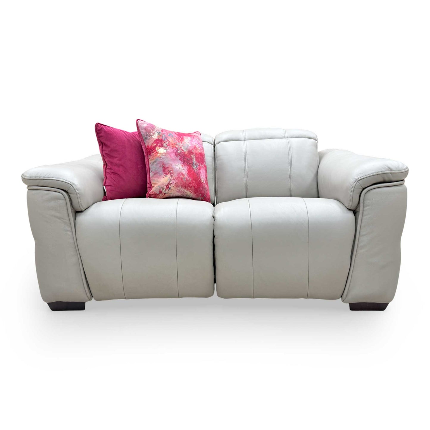 Front view of the Furniture Village ‘Inca’ Cat-60/23 2-seater power recliner sofa in lead grey leather.
