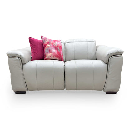 Front view of the Furniture Village ‘Inca’ Cat-60/23 2-seater power recliner sofa in lead grey leather.