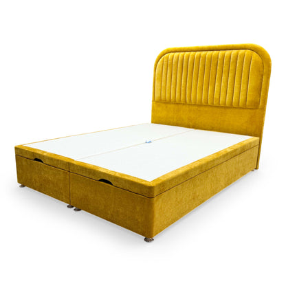 Elevated view of the complete ‘Portland’ bed ensemble, illustrating its bold saffron color and functional storage design.