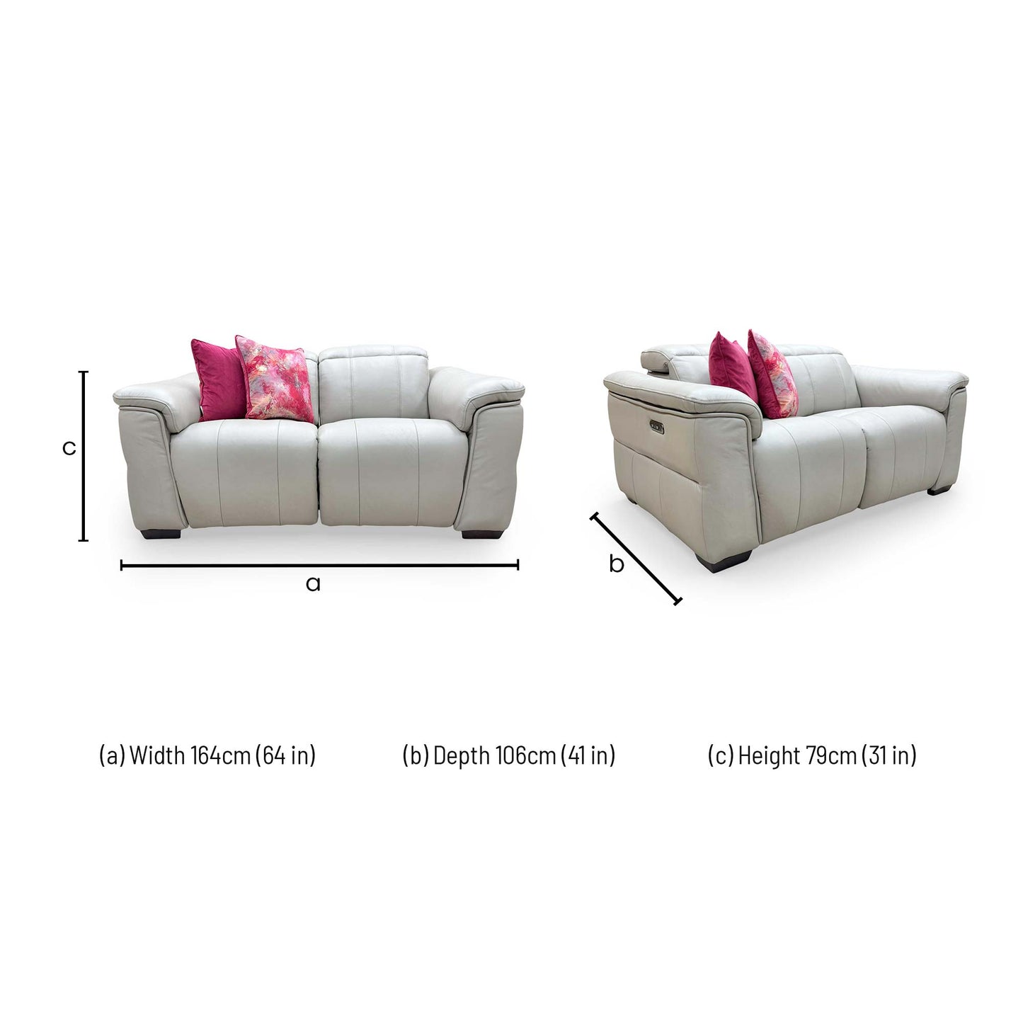 Dimensions for the Furniture Village ‘Inca’ Cat-60/23 Lead Grey Leather 2 Seater Power Recliner Sofa.