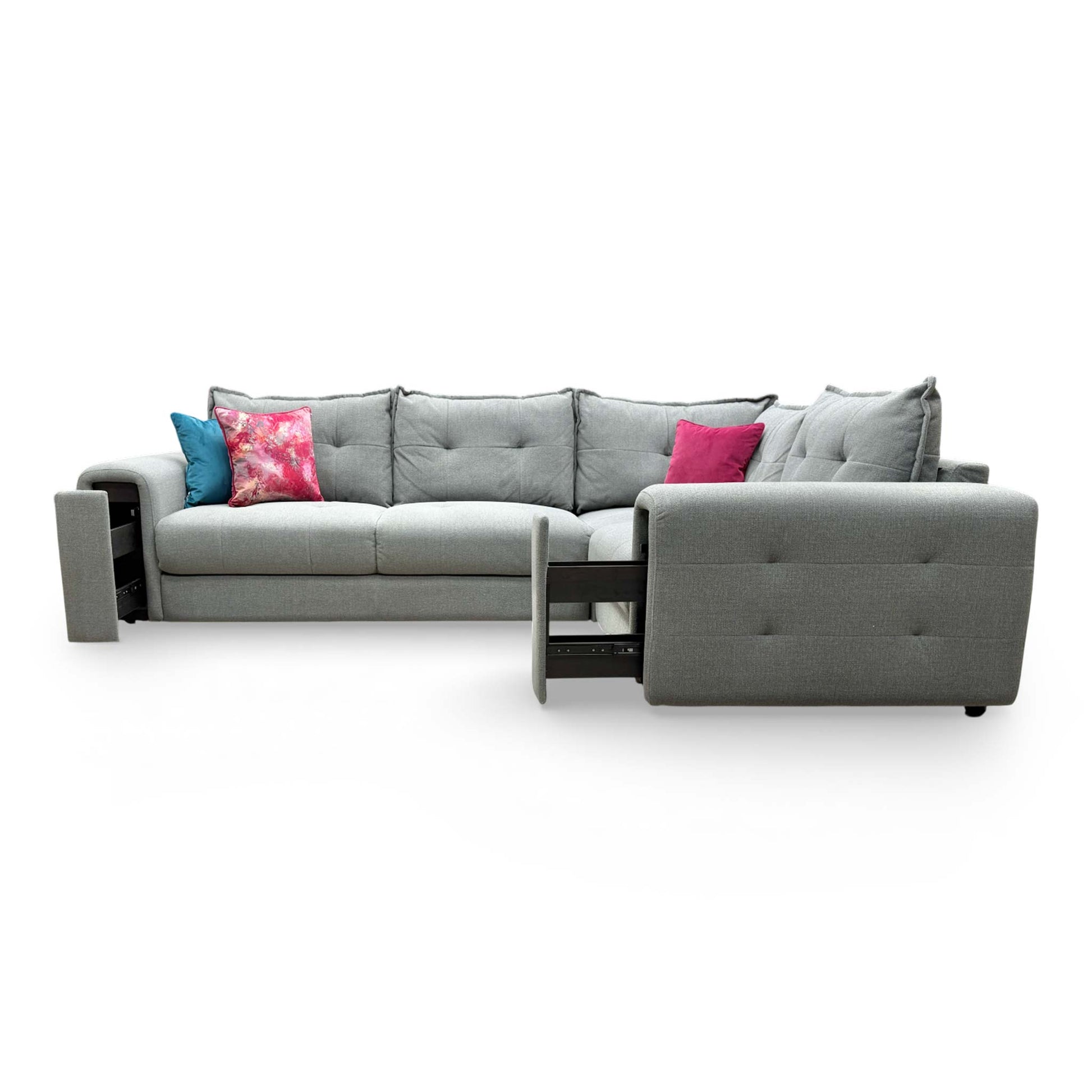 Detail shot of the innovative hidden storage drawer extended from the sofa armrest for convenient home organization.