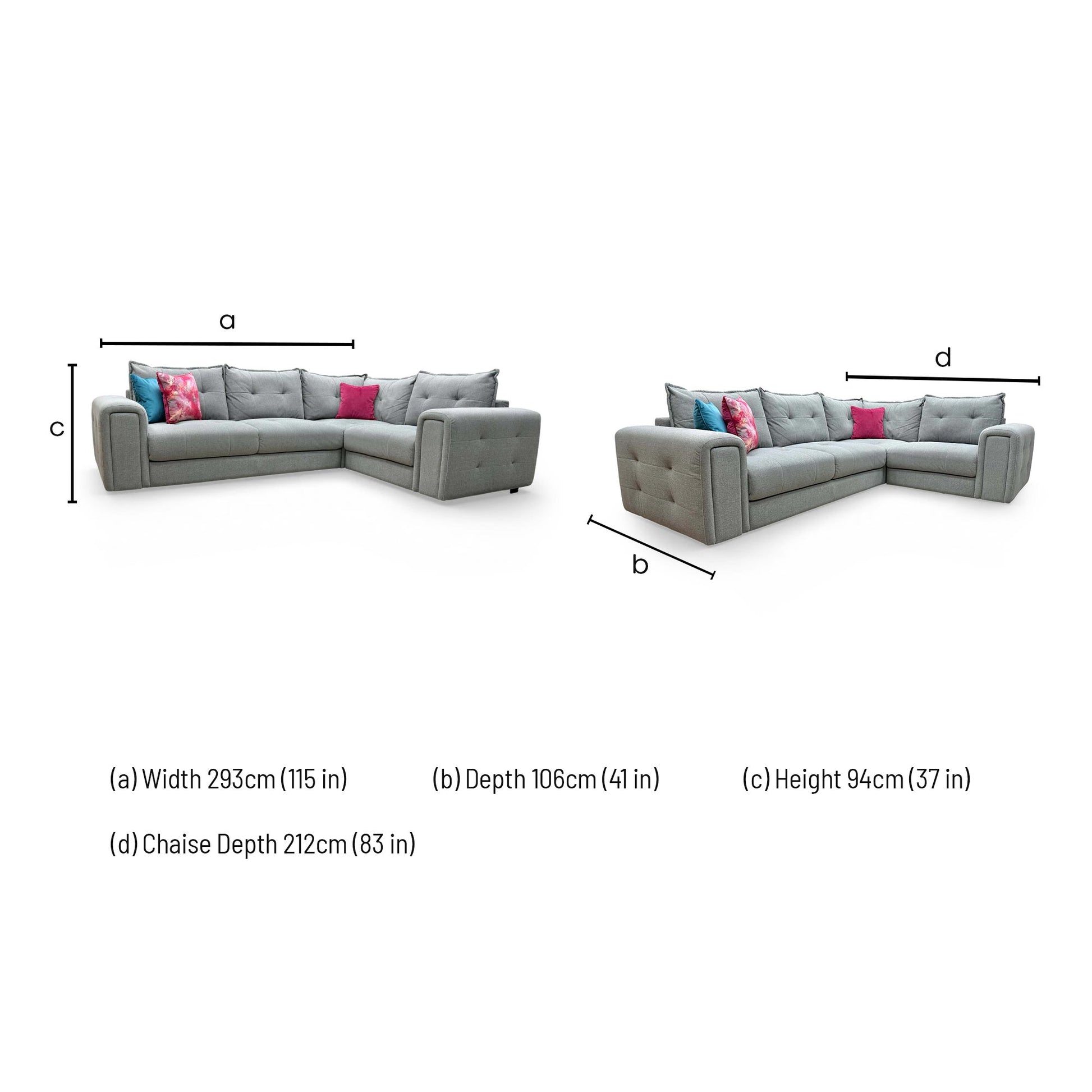 Dimensions for the ‘Goliath’ Oxford Grey Right Hand Facing Corner Sofa.