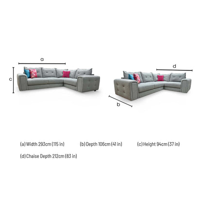Dimensions for the ‘Goliath’ Oxford Grey Right Hand Facing Corner Sofa.