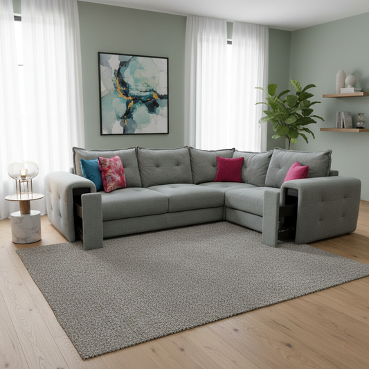 Living Room view of the Oxford Grey L-shaped sofa showcasing the right-hand facing chaise lounge.