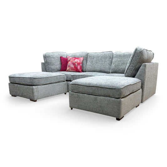 Full view of the ‘Emilia’ Dolphin Hopsack Chenille standard U-shaped corner sofa in grey.