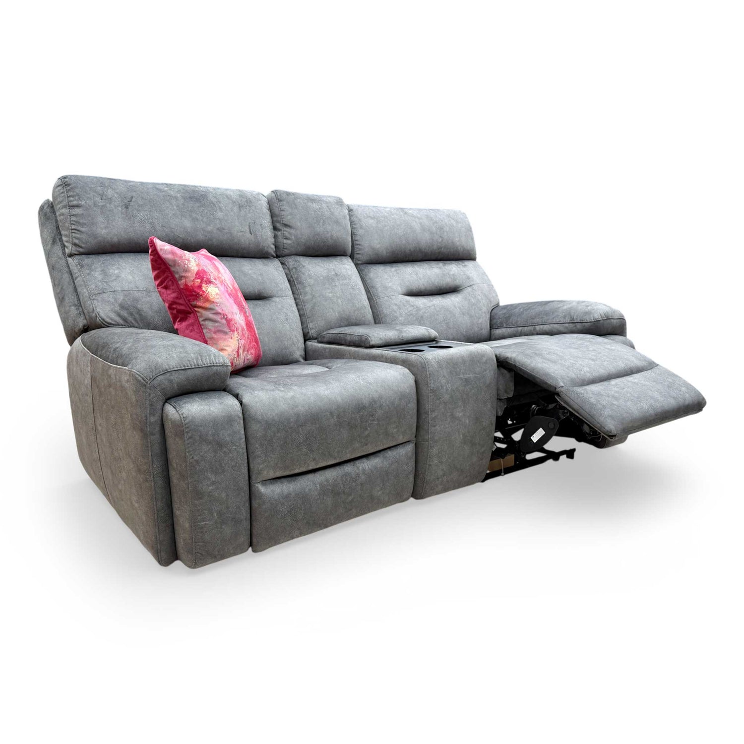 Full view of the 'Cinemax' 2-seater power recliner sofa in marble dark grey velvet, featuring a central media console and plush padded headrests.