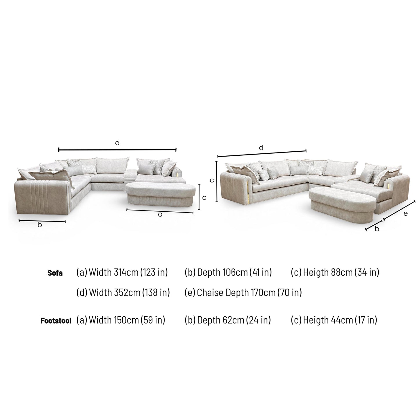 Dimensions for the Savoy 3 Corner 3 Chaise Sofa in Dapple Cream Velvet Marble.