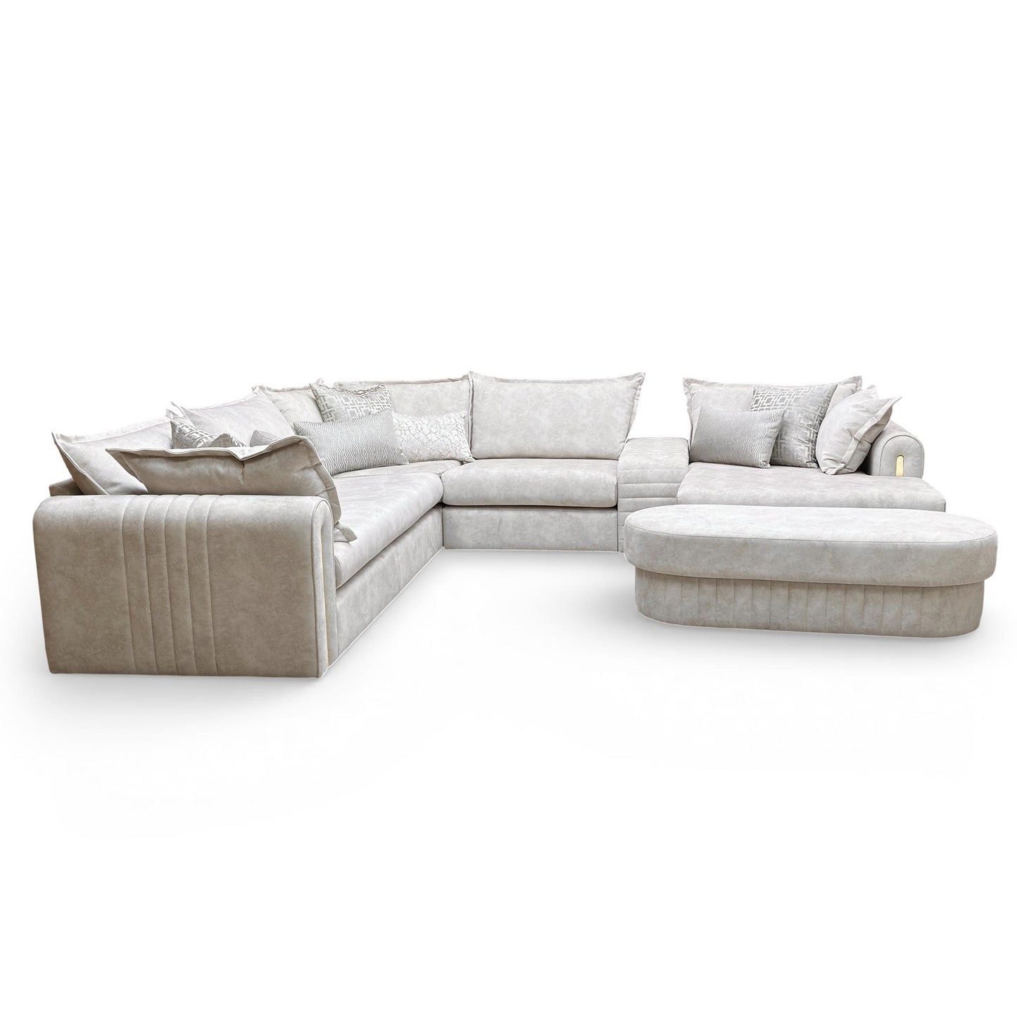 Side view of the Savoy 3 corner sofa showcasing the deep chaise sections and sleek gold trim along the base.