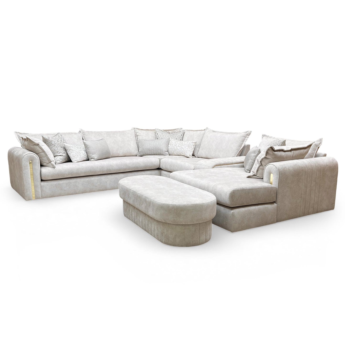 Angle view of the large designer footstool with marble-effect upholstery and matching gold trim base.