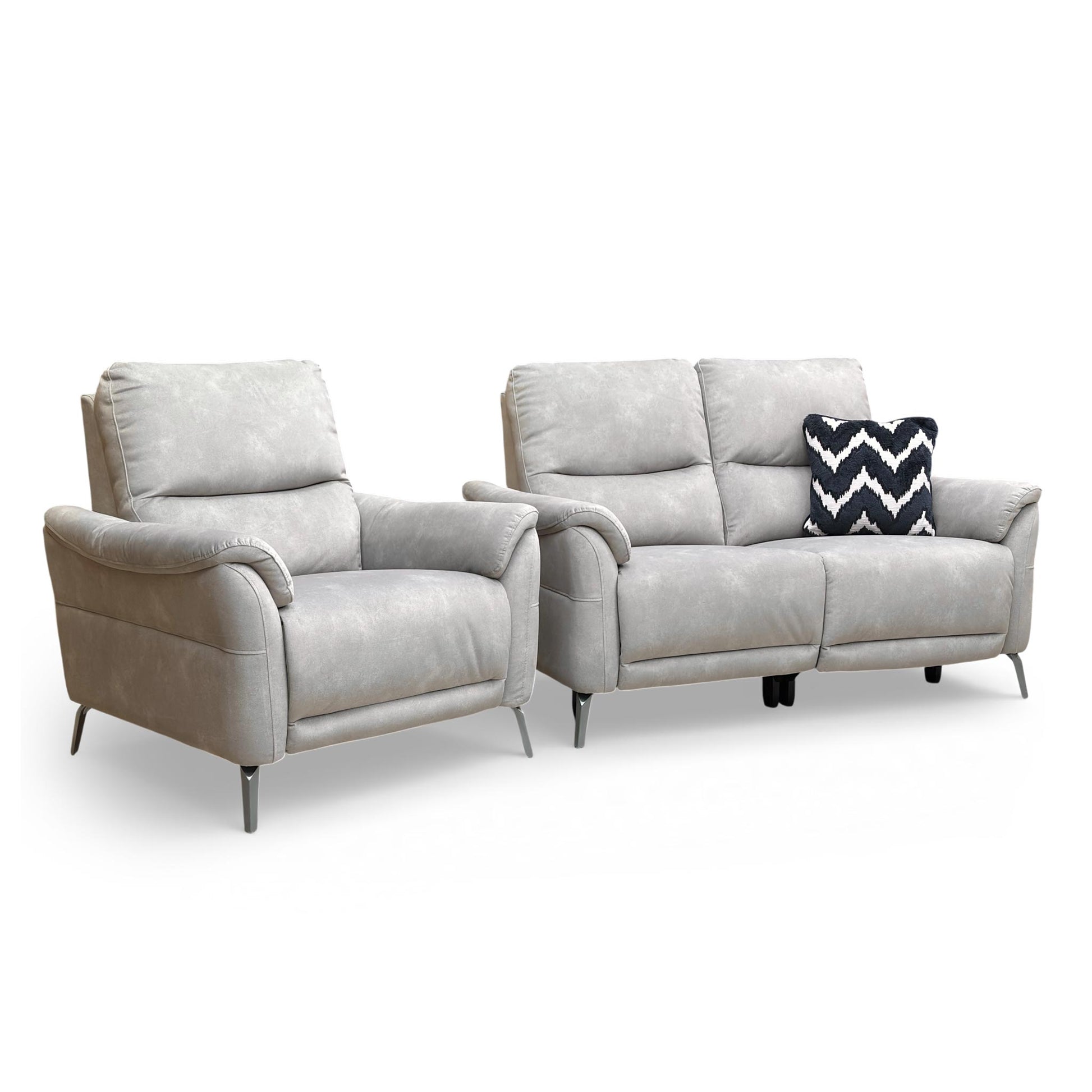Side view of the ‘Daytona’ Dexter Stone 43502 velvet 2-seater power recliner sofa and matching armchair.