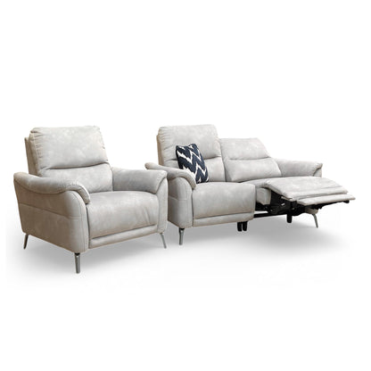 Full view of the ‘Daytona’ Dexter Stone 43502 velvet 2-seater power recliner sofa and matching armchair.