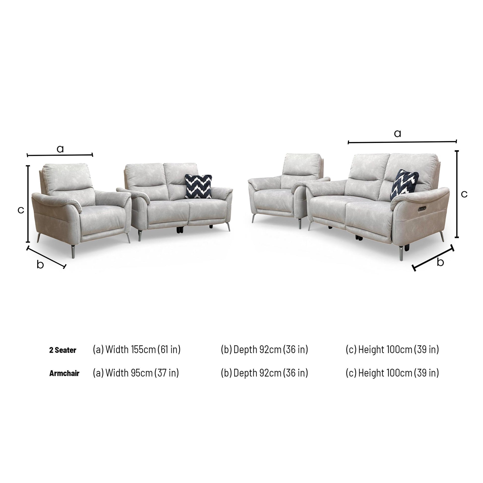 Dimensions for the Furniture Village ‘Daytona’ Dexter Stone 43502 Velvet 2 Seater Power Recliner Sofa and Chair.