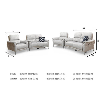 Dimensions for the Furniture Village ‘Daytona’ Dexter Stone 43502 Velvet 2 Seater Power Recliner Sofa and Chair.