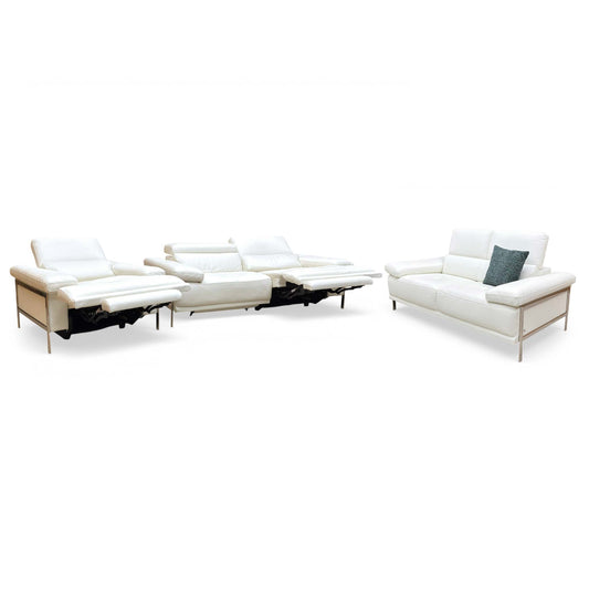 Nicoletti ‘Theron’ Torello Bianco Puro 370 Leather Set: 3 + 2 Seater Sofa & Chair with Power Recliner