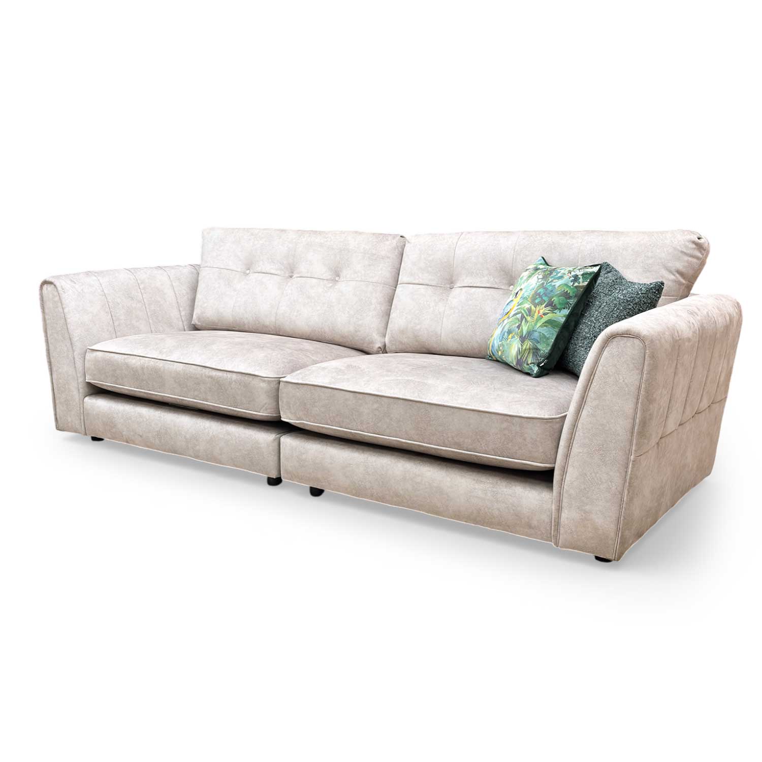 Side view of the Mariah ‘Ariana’ 4-seater split frame sofa in Dapple Cream velvet.