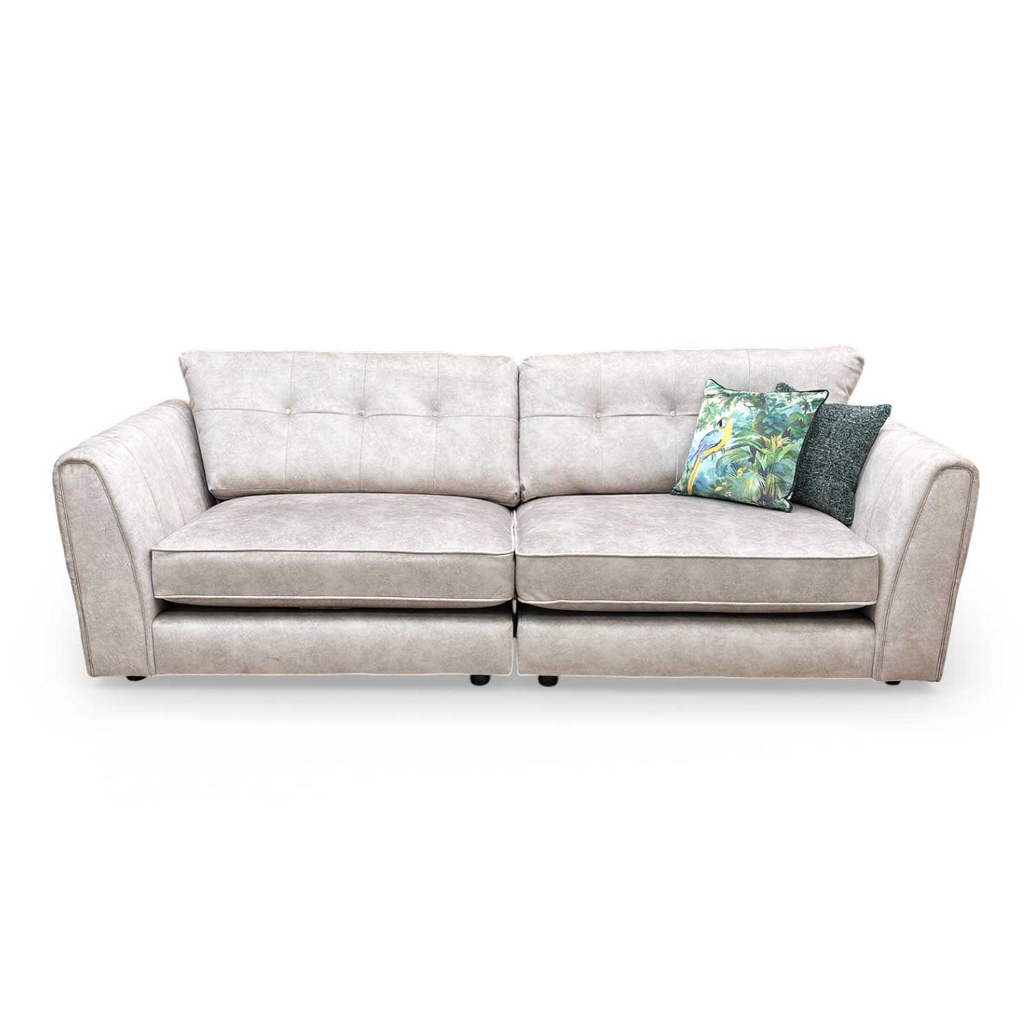 Front view of the Mariah ‘Ariana’ 4-seater split frame sofa in Dapple Cream velvet.
