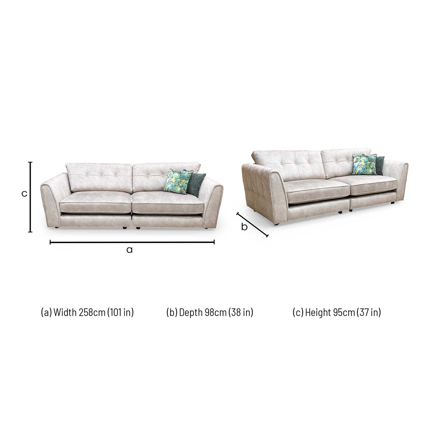Dimensions for the Mariah ‘Ariana’ Dapple Cream Velvet 4 Seater Split Frame Sofa.