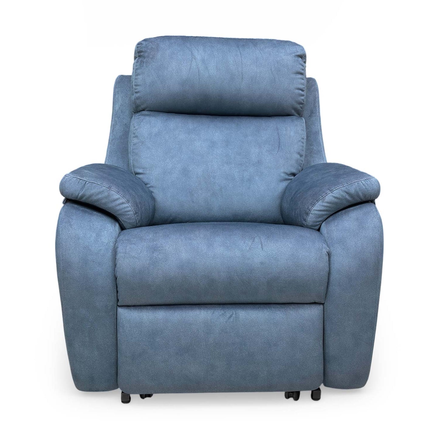 Front view of the G Plan ‘Kingsbury’ A125 Stingray Indigo velvet large lift and rise recliner chair.