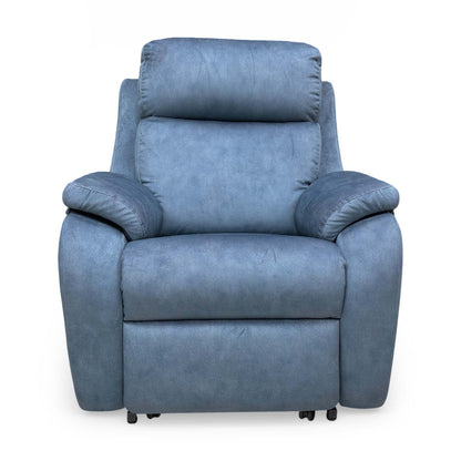 Front view of the G Plan ‘Kingsbury’ A125 Stingray Indigo velvet large lift and rise recliner chair.