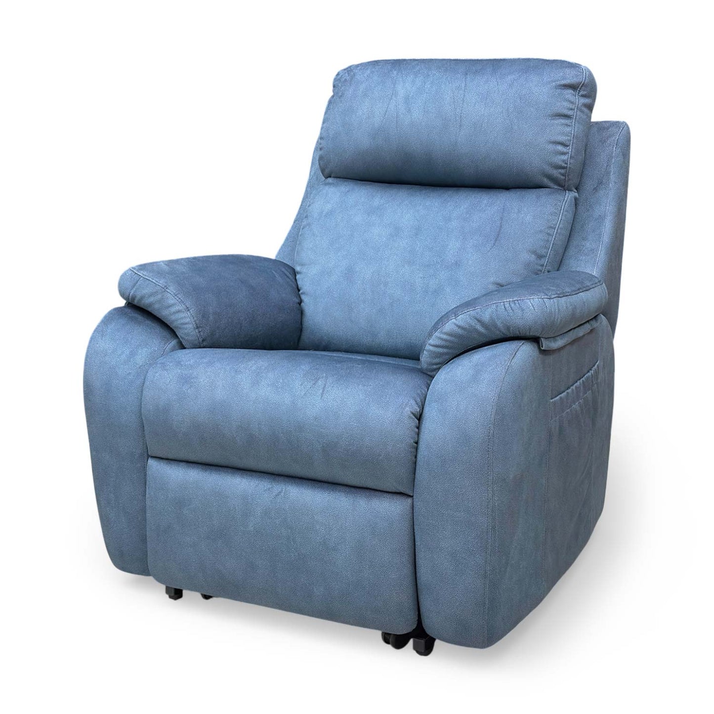 Front view of the chair, showing the clean upholstery finish and uniform indigo velvet coverage.