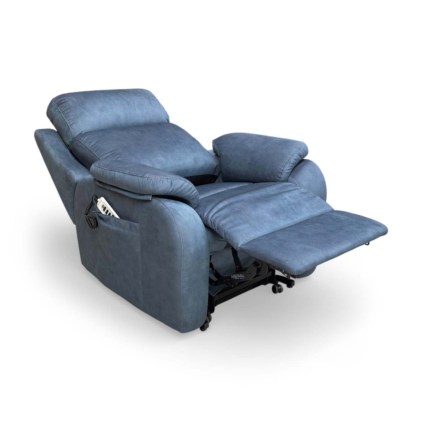 Full view of the G Plan ‘Kingsbury’ A125 Stingray Indigo velvet large lift and rise recliner chair.